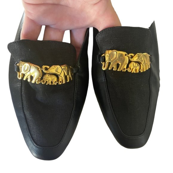 Boston Accent Black Leather with Gold Elephant Family Accent Slip On Shoes 9 - Picture 1 of 6